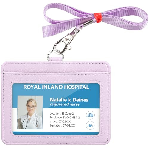 Teskyer Card Holder with Lanyard, ID Badge Holder, Oyster Card Holder, Bus Pass Holder, with Clear Window, Holding 2 Cards, PU Leather, Horizontal, Light Purple