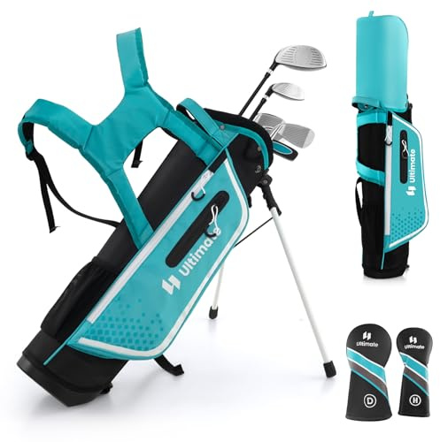 GOPLUS Clubs de Golf pour Enfants, Fairway #3, Fers #7, Fer #S et Putter, Sac Trépied avec Capuche Anti-Pluie, pour Garçons et Filles âgés de 5-7/8-10/11-13 Ans(Bleu,11-13 Ans)