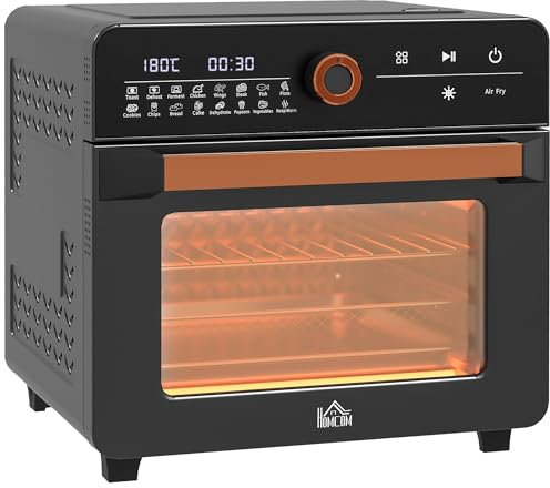HOMCOM Minibackofen mit Umluft 20L 3 in 1 Mini Ofen mit Grillrost, Backblech und Krümelblech, 40 °C-220 °C Pizzaofen Heißluftfritteuse mit Frittierkorb, Timer, Innenbeleuchtung, 1400W, Edelstahl