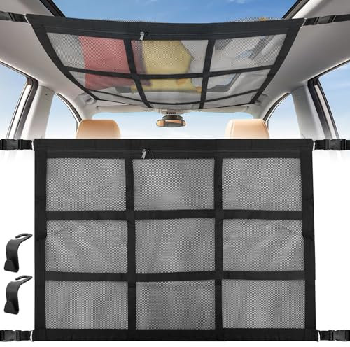Kigniote Red para techo de coche, 80 x 52 cm, red universal para el techo, red para el interior del coche, red de equipaje, red de equipaje, para cuatro reposabrazos de techo, para coches, furgonetas,