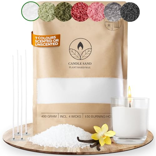 comforder Sabbia per candele con stoppini, granuli di cera, candele fai da te, 400 g, perline di cera per candele + 4 stoppini per candele (Bianco)