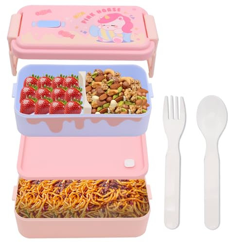 Portamerenda Bambina Scuola, Lunch Box Bambini, Bento Box con Scomparti e Forchetta, Porta Pranzo, Senza BPA, Bento Lunch Box per la Scuola e l'asilo Lavabile in Lavastoviglie- 1600ml (Unicorno)