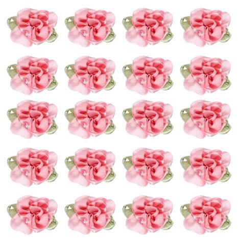 PATIKIL 1 Nastro Fiori Fiocchi Artigianato, 20pz Mini Rose Raso Fiori Piccoli Teste Fiori Tessuto Fai da Te Applicazioni Cucito per Regalo Matrimonio Ornamento Sposa, Rosa/Rosa Scuro