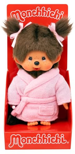 Sekiguchi 203802 - Original Monchhichi Mädchen im Bademantel, ca. 20 cm großes Kuscheltier aus braunem Plüsch