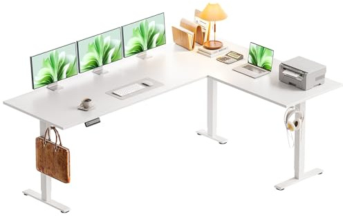 OffiGo L-förmig Höhenverstellbarer Schreibtisch, 180 x 140 cm Schreibtisch Höhenverstellbar Elektrisch, Eckschreibtisch Ergonomischer Steh-Sitz Tisch Computertisch, Weiß