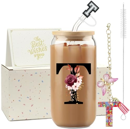 ZIOSINM A-Z Lettera Bicchiere Con Cannuccia, 500ml Tumbler con Coperchio, Regalo Donna Compleanno, Ideale Come Regalo Maestre Fine Anno (T)