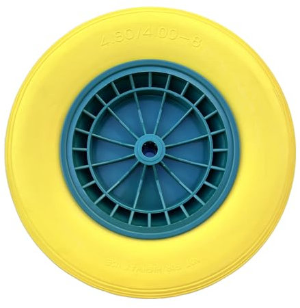 Ruota Piena Gialla Carriola | Ruota Carriola da Giardino 4.80/4.00-8 Antiforatura in PU e Metallo Verniciato | Include Pneumatico e Asse | Ø390 mm, Interasse 125 mm | FERROELETTRA