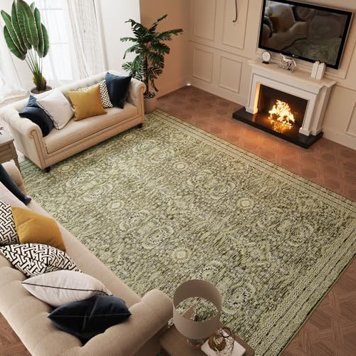 9x12 Ft Oversized Olive Green Rug, Extra Large Machine Washable Carpet | Foldable Stain Immune Short Pile Rug for Open Floor Plan | Non-Slip, Hardwood Safe, High Density, Storage Ready
