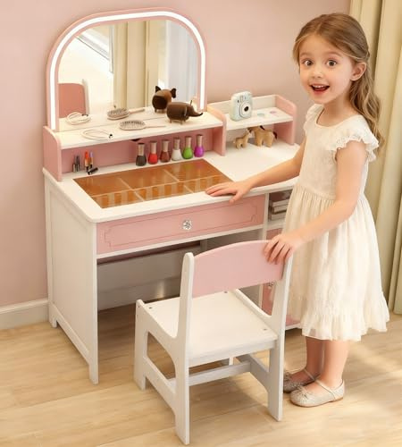 TaoHFE Pink Kids Vanity Table and Chair Set,Vanity for Girls Makeup Desk with Storage,Little Girl Vanitys with Mirror Light,Toddler Vanity Desk with Drawer for Girls