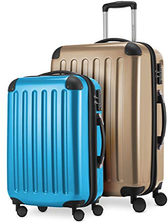 HAUPTSTADTKOFFER - Alex - 2er Kofferset Hartschale glänzend, mittelgrosser Koffer 65 cm + Handgepäck 55 cm, 74 + 42 Liter, TSA, Champagner-cyanblau