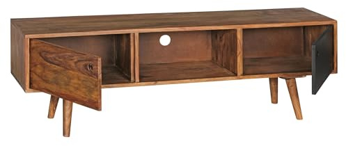 FineBuy TV Lowboard REPA 140 cm Massiv-Holz Sheesham Landhaus 2 Türen & Fach, HiFi Regal 4 Füße, Fernseher Kommode Vintage Schwarz