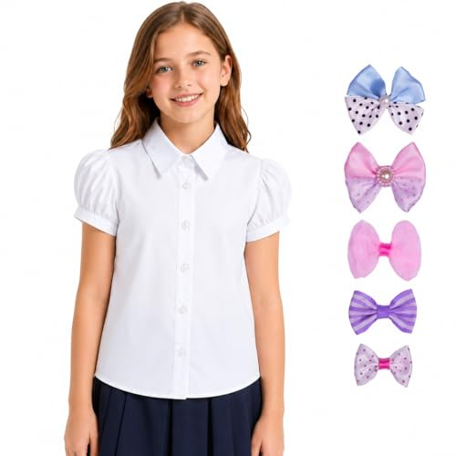 Bienzoe Fille Oxford Manche Courte Chemisier nœud Papillon Pack Blanc XL