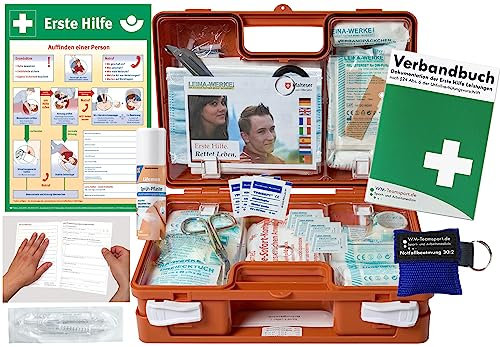 Verbandskoffer/Verbandskasten (K) Typ SN -Paket 2- Erste Hilfe nach aktueller DIN 13157 für Betriebe -DSGVO- INKL. PERFORIERTEM VERBANDBUCH + Sprühpflaster & Notfallbeatmung + AUSHANG
