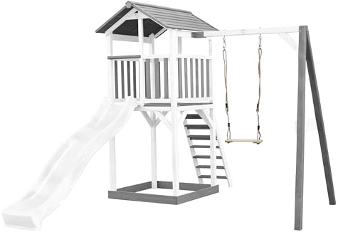 AXI Beach Tower parco giochi in legno in grigio e bianco | Torre da parco giochi con sabbiera, altalena e scivolo bianco | Casa per bambini su palafitte per il giardino