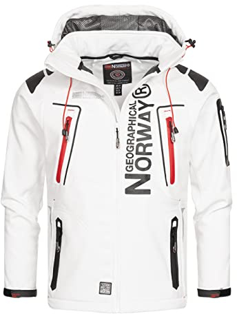 Geographical Norway Techno män - Vattentät softshell-jacka med huva för män - Taktisk vindjacka för utomhusbruk - Vandring, skidåkning, höst, vinter och vår, vit/röd, XXL