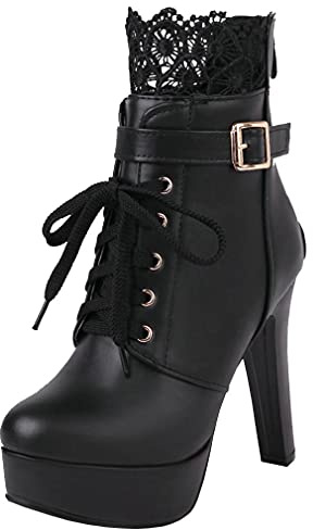 Parisuit Womens Sweet Lace Platform Boots Chunky High Heel Lace Up Ankle Boots-black size 10.5