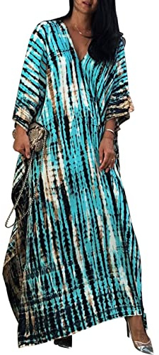 Baynetin Women Kaftan Dress,Free Size Loose Long Caftans Short Sleeve Tunic Kimono Everyday Swimwear Beach Bathing Suit Cover Ups Loungewear Robes (Blue, One Size)