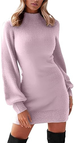 GRECERELLE Women's Mock Neck Ribbed Long Sleeve Bodycon Pullover Cute Mini Sweater Dress(Medium, Purple Pink)