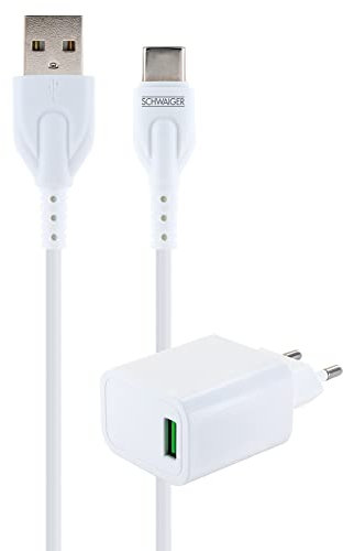 SCHWAIGER -LSET600 513- Ladeadapterset | Steckdosenadapter | 230 V | Ladekabel | Kabellänge 1 m | USB Typ C | integriertes Sicherheitssystem | Quick Charge 3.0 Technologie | weiß