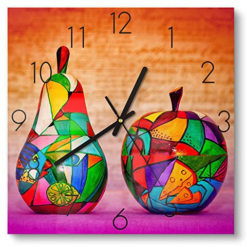 DEQORI Glasuhr | 30x30 cm | Motiv Bunte Holzfrüchte | ausgefallene leise Design Uhr aus Glas | Wanduhr für Wohnzimmer & Küche | Moderne Hingucker Uhr für die Wand