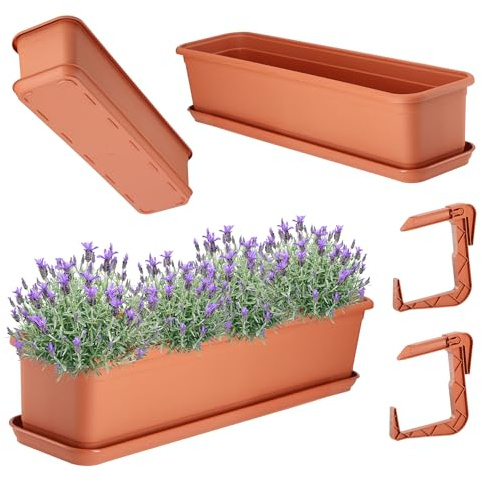 KADAX Jardinière 60 cm avec soucoupe et support Terre cuite - Jardinière de balcon en plastique - Jardinière pour intérieur et extérieur - Pot de fleurs pour balcon