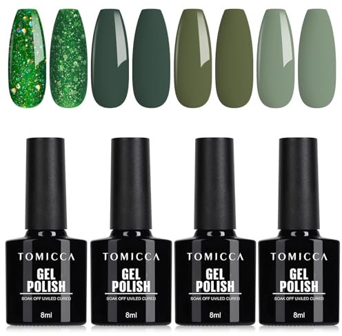 TOMICCA 4 Vegan Green Soak Off Gel Nail Polish Set - Long Lasting Salon Quality, Emerald/Leaf/Mint/Olive Shades, Professional UV LED Lamp Cure Nail Art Kit with Glossy Finish (8ml x4)