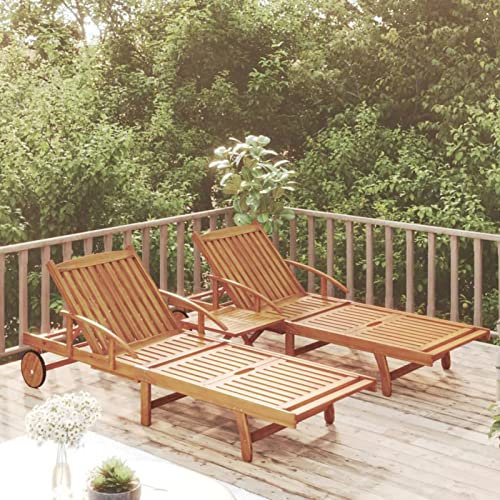 LAPOOH 2-TLG. Sonnenliegen-Set mit Tisch, Strandliege, Gartenliege, Liege, Liegestuhl, Saunaliegen, Terrassenliege, Sonnenstuhl, Massivholz Akazie -at