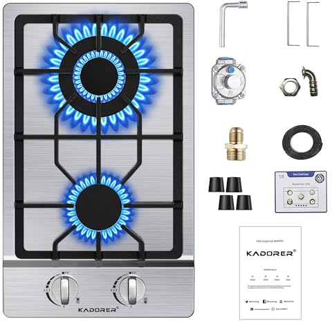 12 inch Gas Cooktop, Bulit-in Gas Stove Top with 2 Burner, NG/LPG Convertible Cooktops, Dual Burner Propane Cooktop with Thermocouple Protection, Stainless Steel