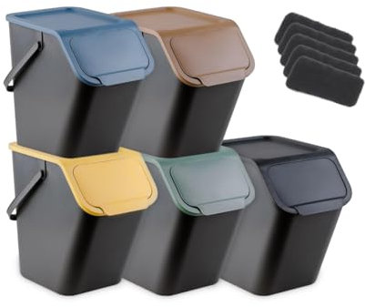 Go Practic Ensemble de 5x 25l Poubelles de Cuisine avec Couvercle, filtre à charbon, Plastique Corbeilles tri Selectif, Bacs de Recyclage, Conteneurs à Déchets, Fonction de Clic, Noir Jaune Vert Bleue
