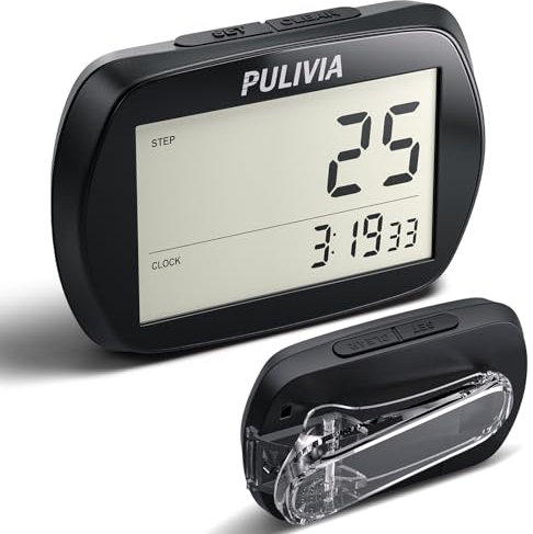 PULIVIA Pedometer for Walking 3D Step Counter with Clock, Simple Operation Portable Steps Tracker with Clip Lanyard, Black