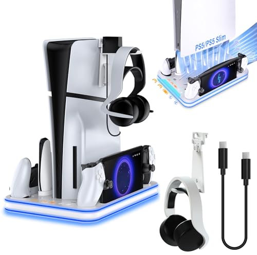 Sehawei PS5/PS5 Slim Stand and Cooling Station with RGB Lighting and 3 Level Cooling Fan,Charging Dock for PS5 Edge Controller and PS Portal,Remote Control and Headset holders,PS5/PS5 Slim Accessories