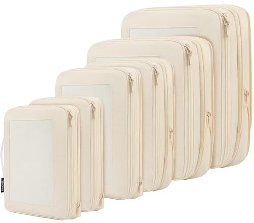 BAGAIL 4 Set/6 Set/8 Set Compression Packing Cubes Travel Accessories Expandable Packing Organizers (Square Mesh, 06-Beige)