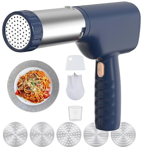 MáQuina Hacer Pasta EléCtrica Mano,MáQuina Para Hacer Pasta InaláMbrica 5 En 1,MáQuina Para Hacer Fideos-Moldes Y Cortador,Prensa AutomáTica Para Masa,Hacer Espaguetis Y Ramen Caseros,Blue