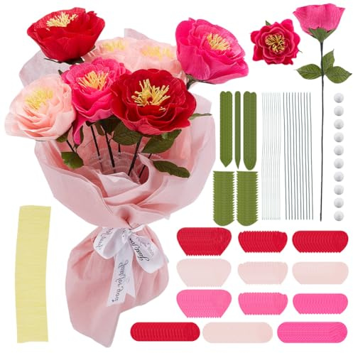 PLIGREAT 10 Set DIY Crêpe Fleurs Kit Prédécoupé avec Papier de Soie, Kit de Fabrication Pivoine, Instructions, Tige Fil Ruban Floral pour Débutant Anniversaire Fête Décor
