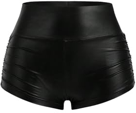 GORGLITTER Dam korta byxor hög midja läder kort PU läderutseende konstläderbyxor minishorts med elastisk midja höst festival outfit klubbkläder hotpants, svart, M