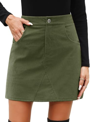 CMTOP Jupe Courte Femme Taille Haute Mini Short Jupe Automne Hiver A Ligne Velours Côtelé Décontractés Chic et Elegant Wrap Courte avec Poche (Vert, L)