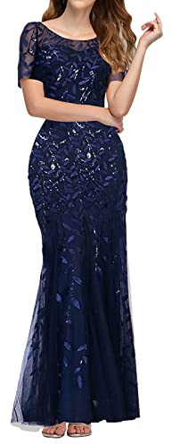 VEMOW Vestido de Noche Elegante Mujer Vestidos de Fiesta Largo de Manga Corta con Lentejuelas Cuello Redondo Vestidos Invitada Boda Vestido de Cóctel Formal Graduación Ceremonia
