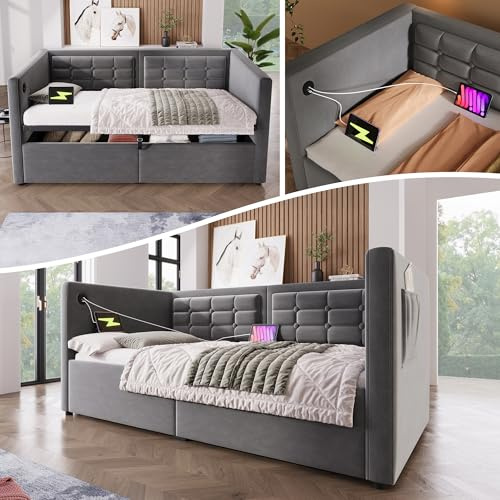 Jovify 3ft Single Daybed with Hydraulic Storage & USB Type-C Charging Station, Upholstered Ottoman Bed with Wooden Slats, Velvet Functional Gas Lift Sofa Bed Guest Beds Youth Beds, No Mattress, Grey