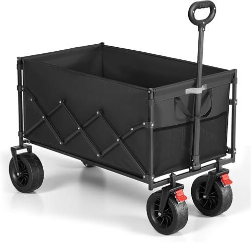 SONGMICS Chariot de Transport Pliable, Chariot de Campings, avec Poignée, 4 Roues Renforcées Dont 2 Roues Universelles, Extérieur, Jardin, Charge 180 kg, 200 L, Noir d'encre GFW201B101