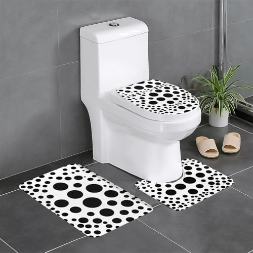 HJFCZH Juego de alfombras de baño de 3 piezas con diseño de lunares en blanco y negro, alfombrillas antideslizantes para inodoro, tocador y tapa, fácil de limpiar, antideslizante