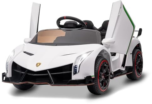 Coche Eléctrico Infantil Lamborghini 12v Licenciado – Puertas De Tijera – Control Remoto para Padres – Luces LED – Reproductor MP3 – Asiento Amplio – Juguete Motorizado para Niños – Blanco