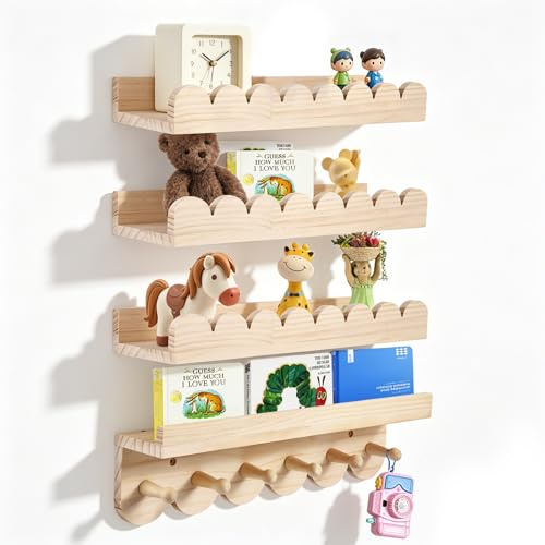 Juego de 4 estantes de pared de madera maciza para niños - Estantería con 6 ganchos para libros y juguetes - Estantería Montessori de 40 cm - Estantería flotante con curvas para niños y niñas