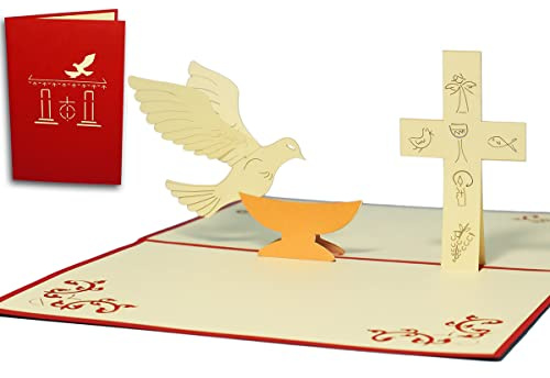 Biglietto tridimensionale pop-up di invito per Prima Comunione, soggetto: croce e colomba