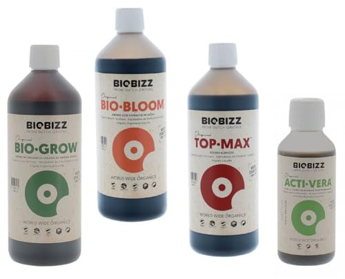 Pack d'engrais Biobizz: Bio Grow + Bio Bloom + Top Max en bouteilles de 1 litre et Acti-vera en 250ml