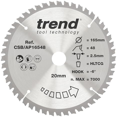Trend Aluminium & Plastic Circular Saw Blade, 165mm Diameter, 20mm Bore, 48 Teeth, 2.5mm Kerf, -6° Hook, TCT, Extra-Fine Finish, CSB/AP16548