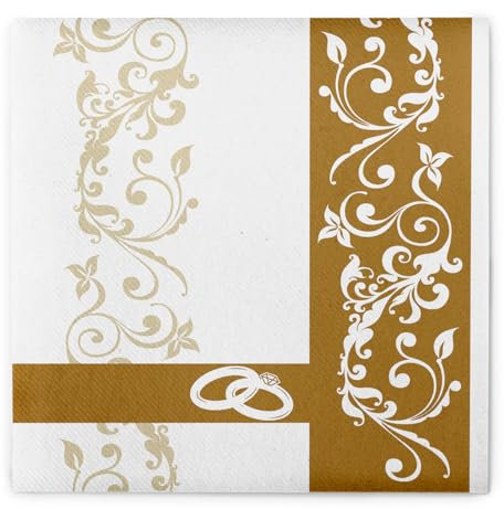 Sovie HORECA Serviette HOCHZEIT in GOLD aus Linclass® Airlaid, 40 x 40 cm (20 x 20 cm gefaltet), 50 Stück – edle Hochzeitsservietten mit Ornamentranken & 2 Ringe