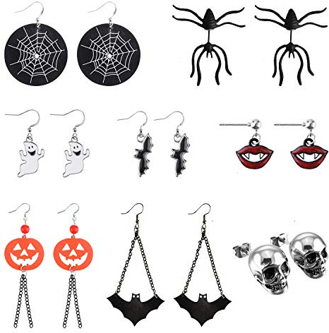 FEPITO 8 paires de boucles d'oreilles Halloween, chauve-souris citrouille araignée fantôme oreille squelette boucles d'oreille ensemble de bijoux décorations de fête d'Halloween costumes d'Halloween
