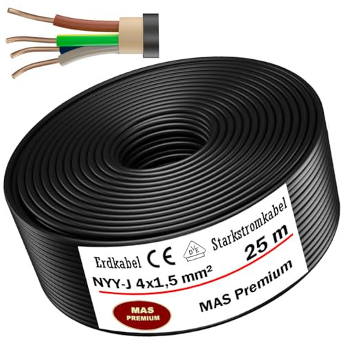 MAS-Premium® NYY-J Cavo elettrico di marca tedesca per la posa in esterni e in terra, matassa cavo di alta tensione standard, prodotto in Germania, 4 x 1,5 mm², 25 m