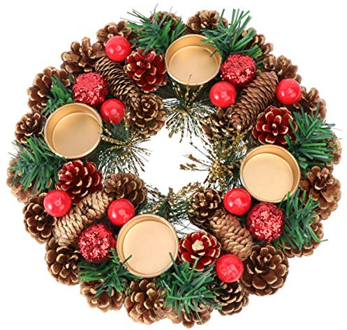 Cabilock 27cm Christmas Wreath Candle Holder with Pinecone Artificial Advent Wreath Ring Candle Holder Stand Christmas Advent Celebration Fireplace Centerpiece Decorations