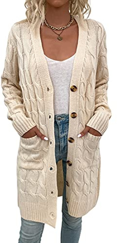 Avondii Gilet Long Femme Cardigan Ouvert Manches Longues Veste Mi Saison Femme sur Le Devant avec Patte De Boutonnage Et Poches Décontracté Veste Long Tricoté, Beige, XL